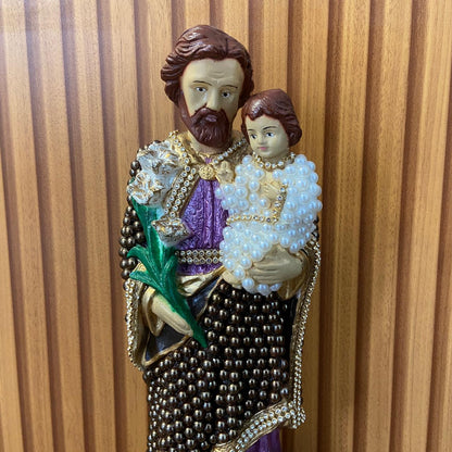 IMAGEM DE GESSO SÃO JOSÉ PEROLADA COM STRASS 30CM (1 UNIDADE)