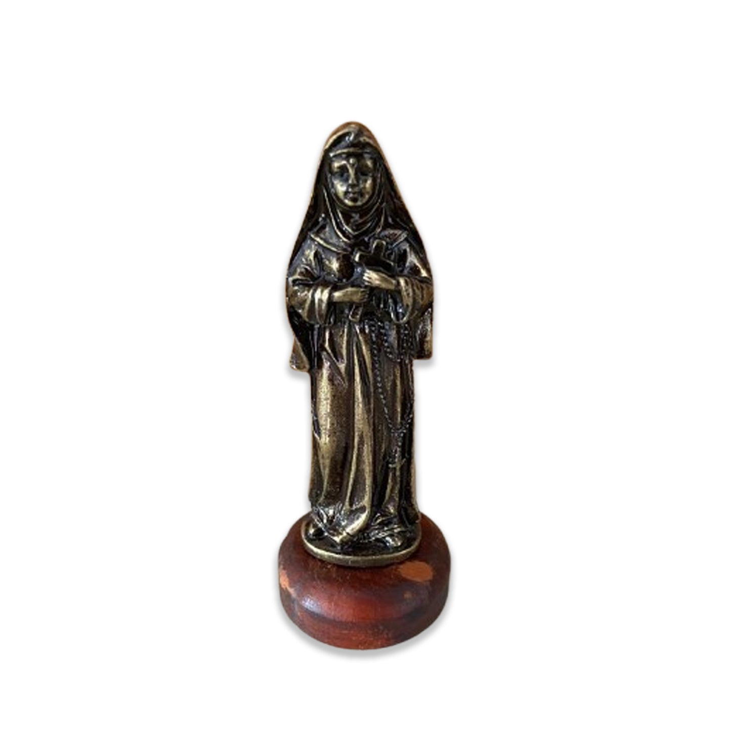 IMAGEM DE MESA METAL OURO VELHO SANTA RITA COM BASE DE MADEIRA 10CM (1 UNIDADE)