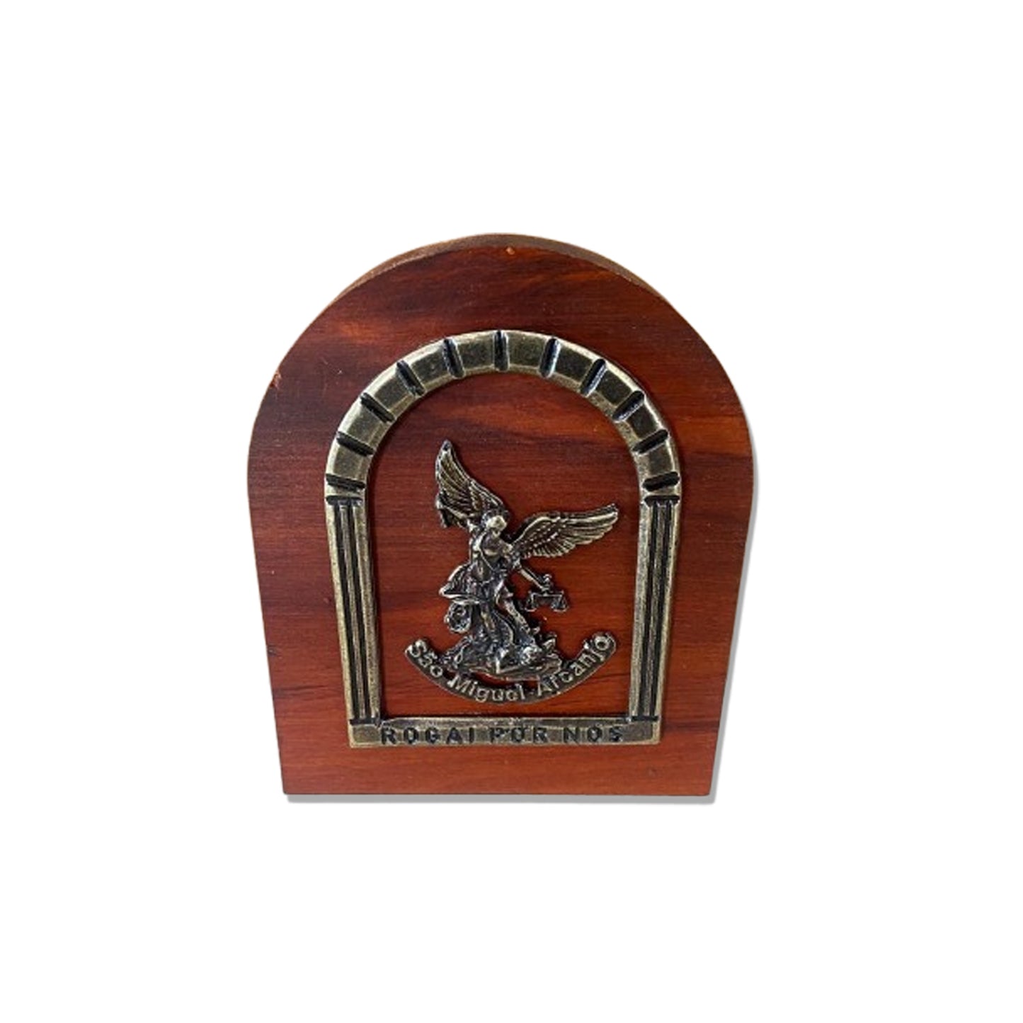 ADORNO DE MESA MADEIRA SÃO MIGUEL ARCANJO METAL OURO VELHO 13CM (1 UNIDADE)