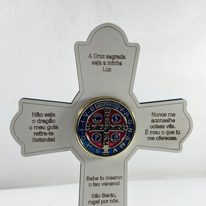 CRUCIFIXO MDF BRANCO MEDALHA SÃO BENTO MESA E PAREDE 21CM (1 UNIDADE)