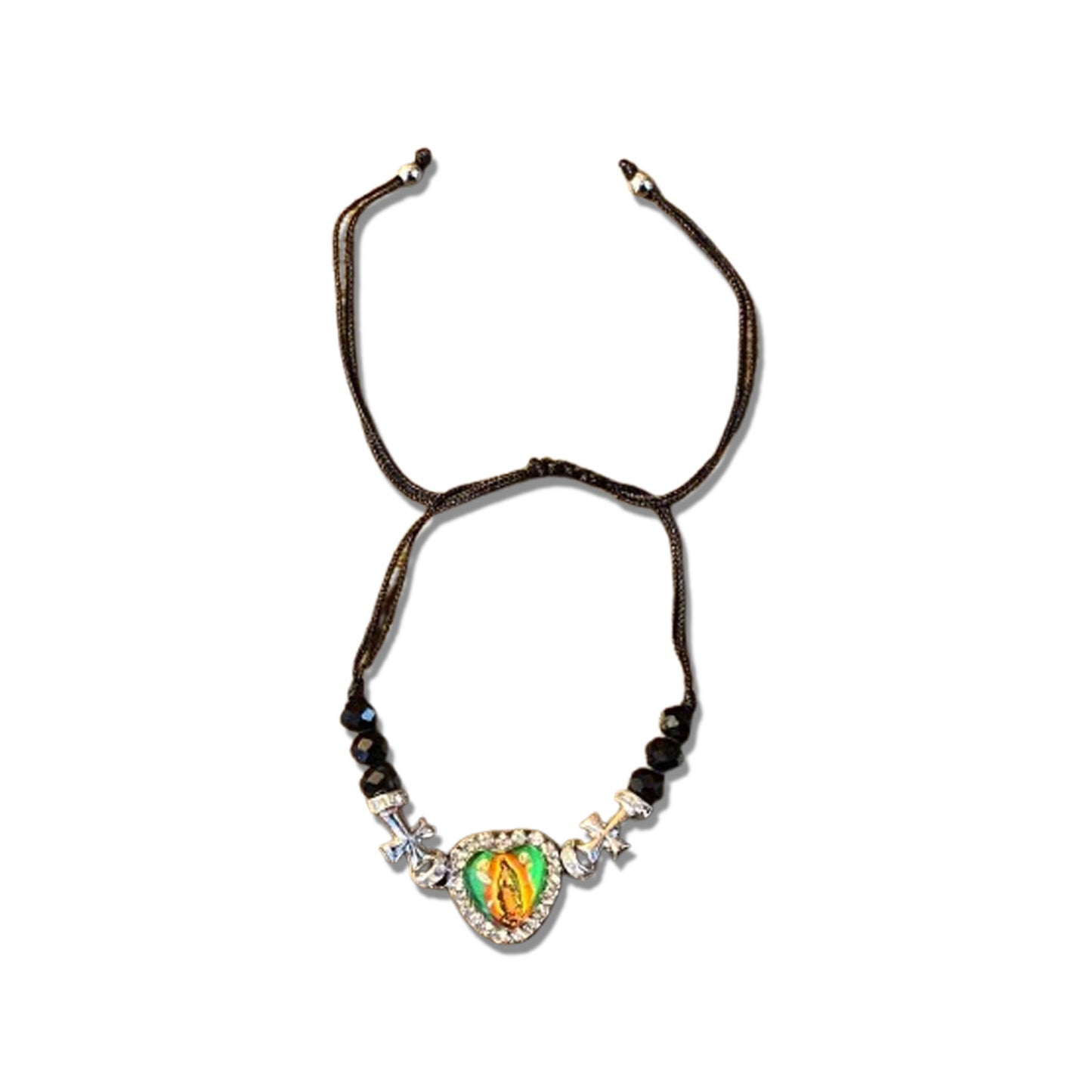 PULSEIRA REGULÁVEL CRISTAL PRETO COM MEDALHA RESINADA NOSSA SENHORA DE GUADALUPE  ( 01 UNIDADE)