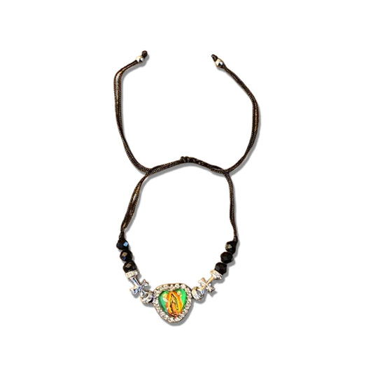 PULSEIRA REGULÁVEL CRISTAL PRETO COM MEDALHA RESINADA NOSSA SENHORA DE GUADALUPE  ( 01 UNIDADE)