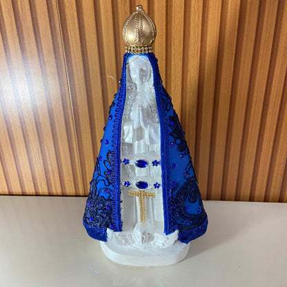 IMAGEM DE GESSO NOSSA SENHORA APARECIDA BRANCA DECOUPAGE AZUL 30,5CM (1 UNIDADE)