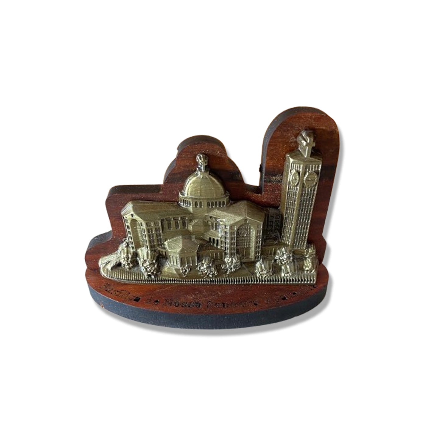 ADORNO DE MESA MADEIRA BASÍLICA DE NOSSA SENHORA APARECIDA METAL OURO VELHO 09CM (1 UNIDADE)