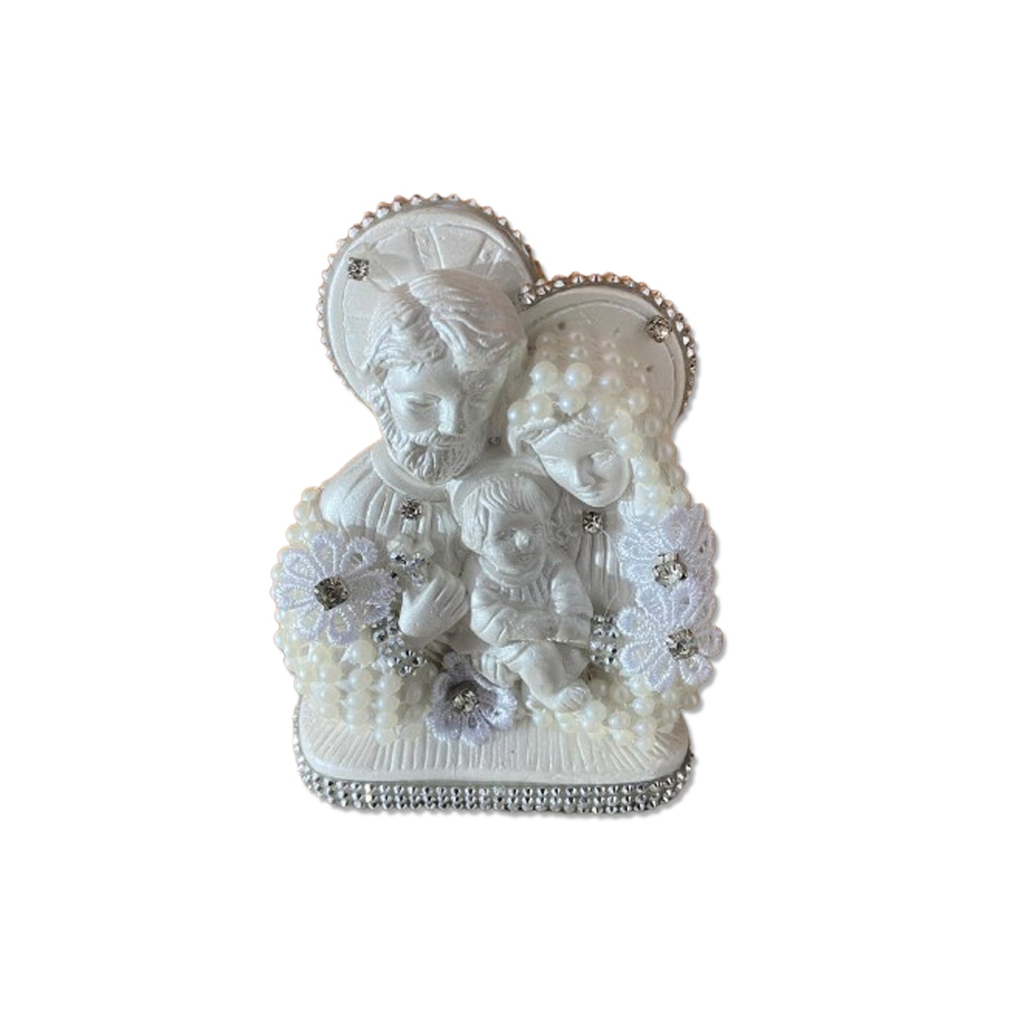 BUSTO DE GESSO SAGRADA FAMÍLIA BRANCO COM PÉROLA E STRASS PRATA 14CM (1 UNIDADE)