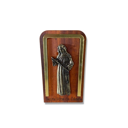 ADORNO DE MESA MADEIRA COM SANTA RITA DE CÁSSIA METAL OURO VELHO 13,5CM (1 UNIDADE)