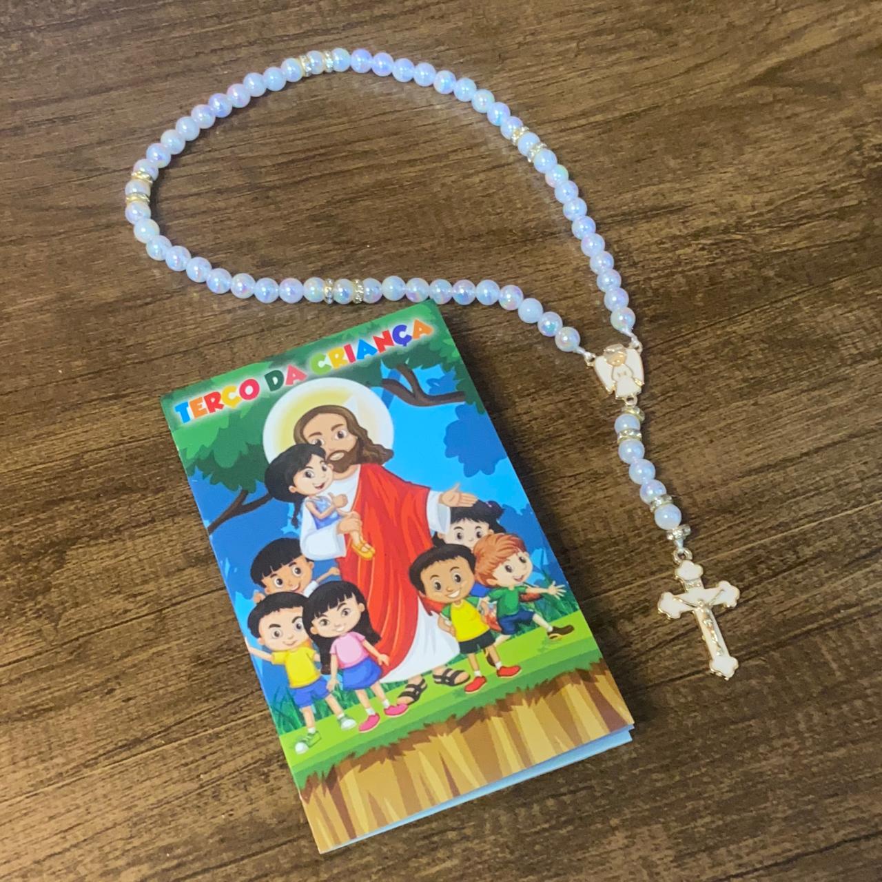 TERÇO PÉROLA  COM STRASS  ANJO DA GUARDA BRANCO 08MM (1 UNIDADE)