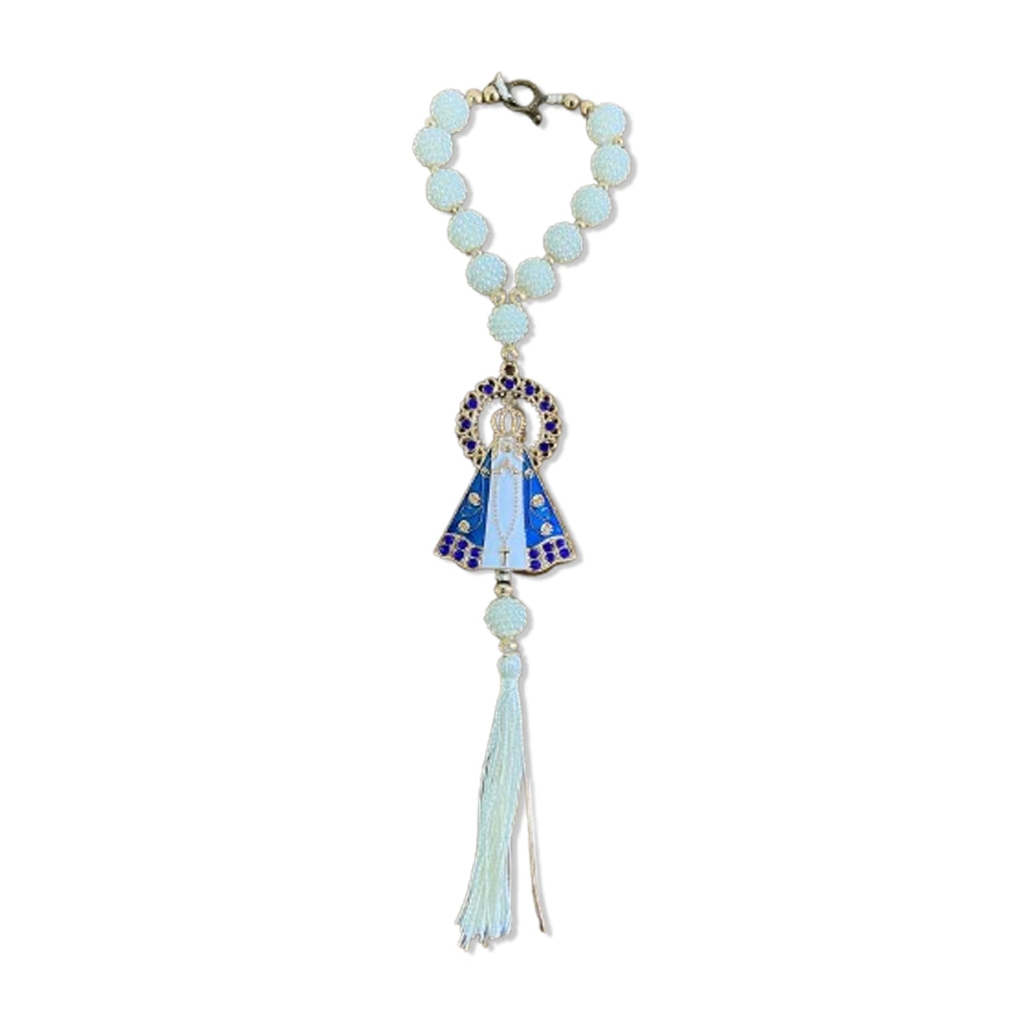 DEZENA PARA CARRO NOSSA SENHORA APARECIDA AMORA BRANCA E STRASS AZUL 12MM MOD2 (3 UNIDADES)