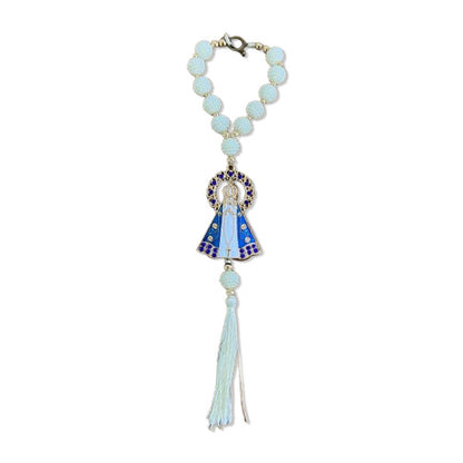 DEZENA PARA CARRO NOSSA SENHORA APARECIDA AMORA BRANCA E STRASS AZUL 12MM MOD2 (3 UNIDADES)