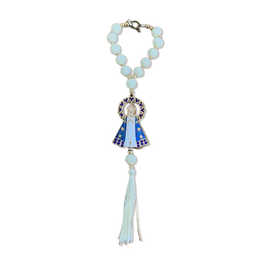 DEZENA PARA CARRO NOSSA SENHORA APARECIDA AMORA BRANCA E STRASS AZUL 12MM MOD2 (3 UNIDADES)