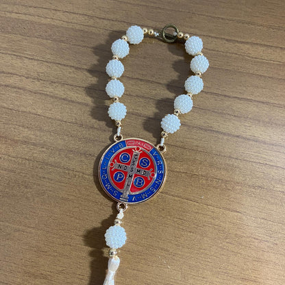 DEZENA PARA CARRO MEDALHA SÃO BENTO AMORA BRANCA 12MM (3 UNIDADES)