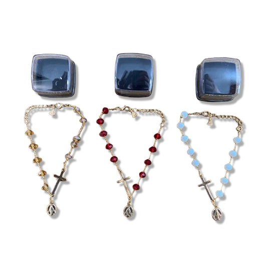 PULSEIRA CRISTAL CRUZ COM PINGENTE NOSSA SENHORA DAS GRAÇAS CORES SORTIDAS  (03 UNIDADES)