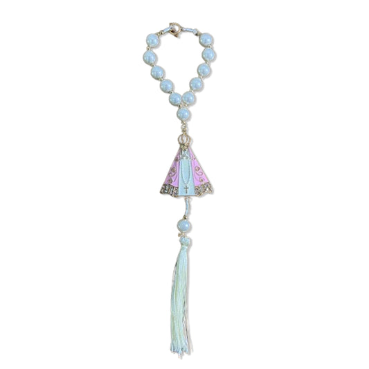 DEZENA PARA CARRO NOSSA SENHORA APARECIDA ROSA PÉROLA BRANCA 10MM (3 UNIDADES)
