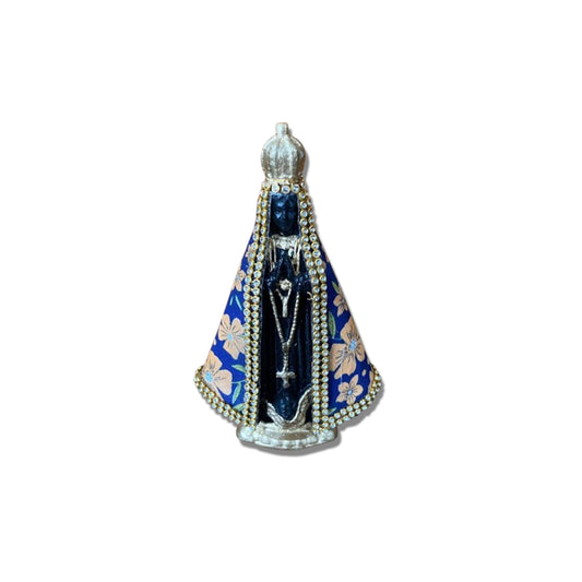 IMAGEM DE GESSO NOSSA SENHORA APARECIDA BRANCA MANTO TECIDO AZUL ESCURO 14CM (1 UNIDADE)