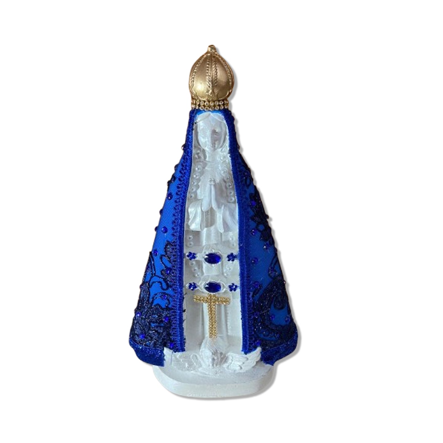 IMAGEM DE GESSO NOSSA SENHORA APARECIDA BRANCA DECOUPAGE AZUL 30,5CM (1 UNIDADE)