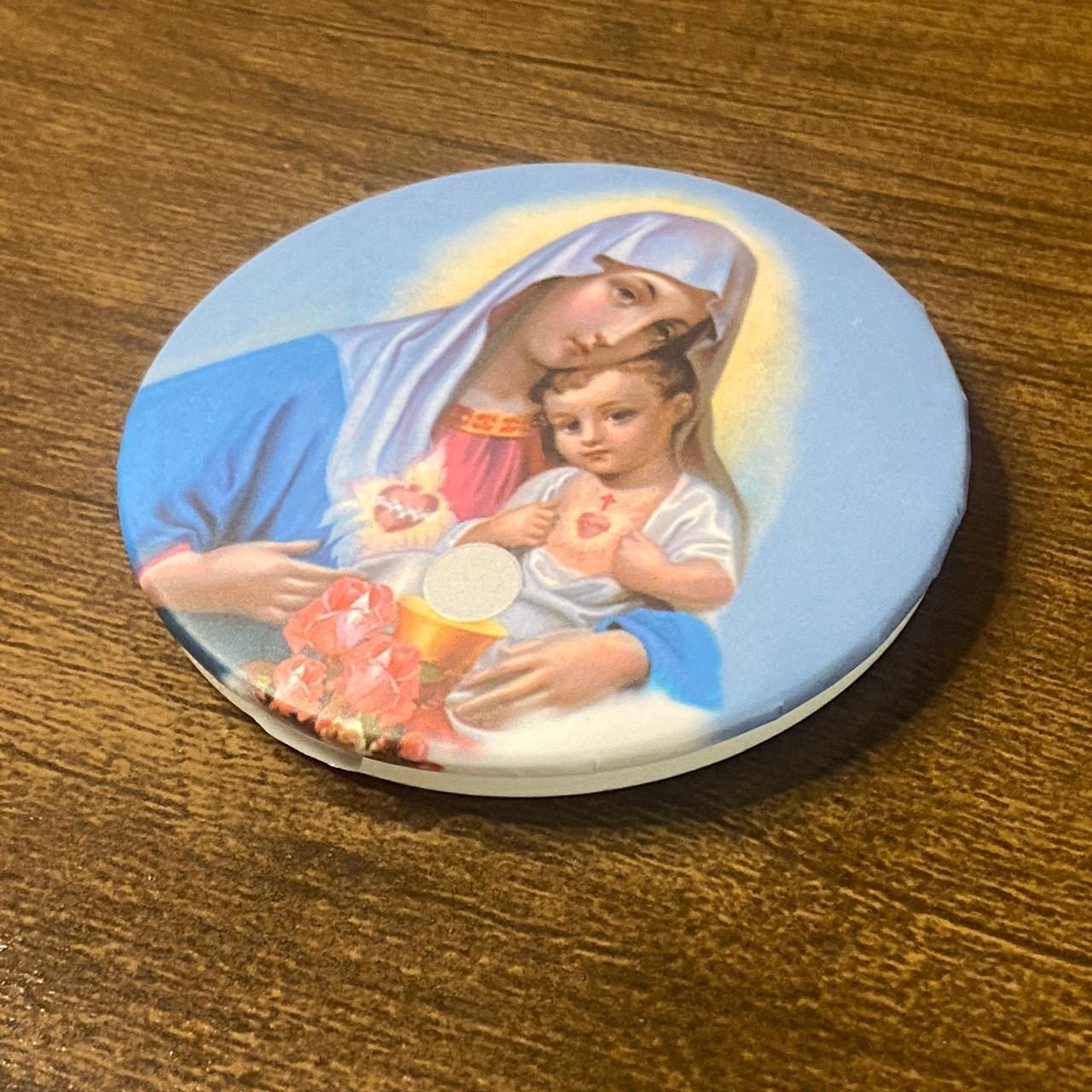 ESPELHO DE BOLSA SAGRADO CORAÇÃO DE MARIA E MENINO JESUS ( 3 UNIDADES )