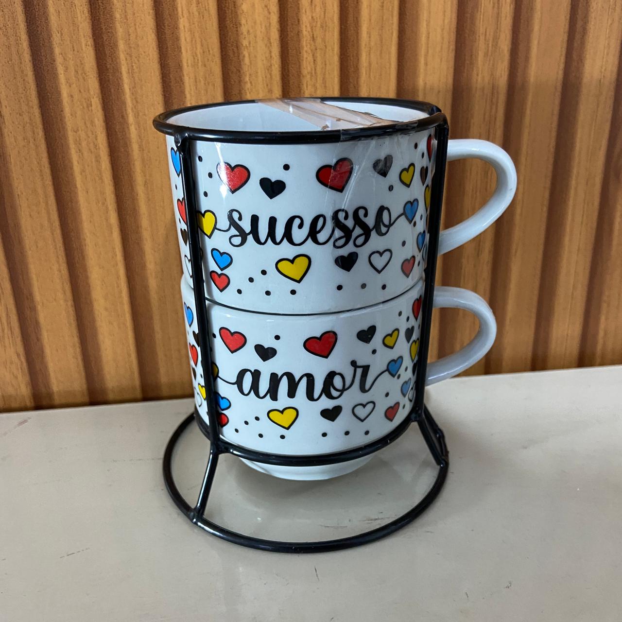 XÍCARA BRANCA EMPILHÁVEL SUCESSO E AMOR ( 2 UNIDADES)