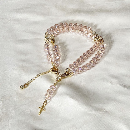 TERÇO PULSEIRA CRISTAL ROSA TRANSPARENTE (3 UNIDADES)