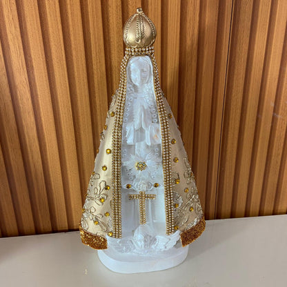 IMAGEM DE GESSO NOSSA SENHORA APARECIDA BRANCA DECOUPAGE DOURADO 30,5CM (1 UNIDADE)