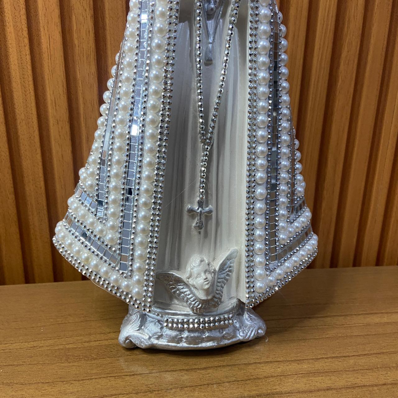 IMAGEM DE GESSO NOSSA SENHORA APARECIDA BRANCA COM MANTO ESPELHADO 34CM (1 UNIDADE)