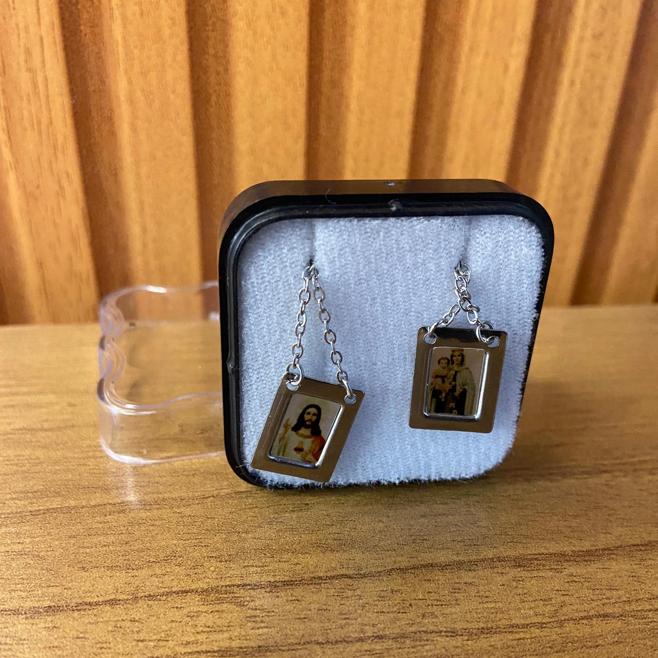 ESCAPULÁRIO INOX LAMINADO SAGRADO CORAÇÃO DE JESUS E NOSSA SENHORA DO CARMO (6 UNIDADES)