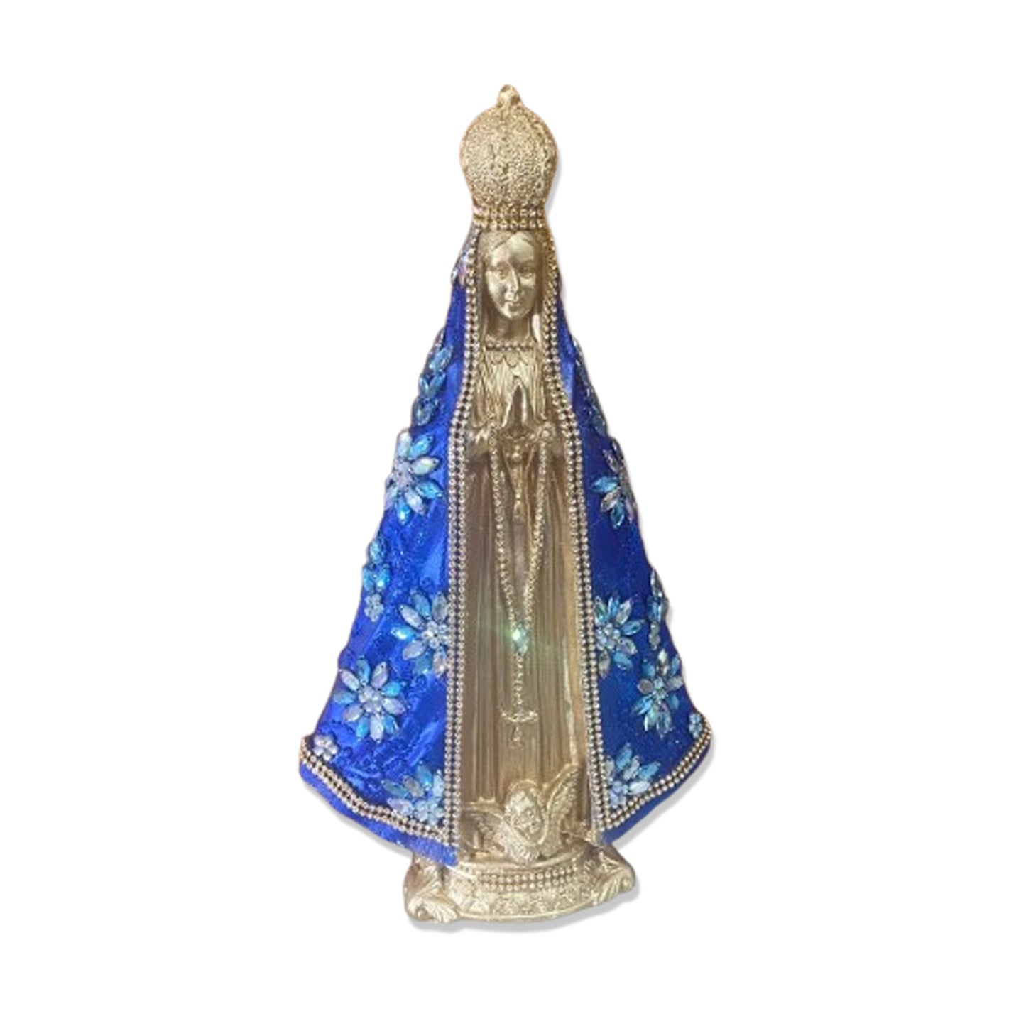 IMAGEM DE GESSO NOSSA SENHORA APARECIDA DOURADA E AZUL COM STRASS E PEDRARIA 33CM MOD 1  (1 UNIDADE)
