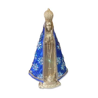 IMAGEM DE GESSO NOSSA SENHORA APARECIDA DOURADA E AZUL COM STRASS E PEDRARIA 33CM MOD 1  (1 UNIDADE)
