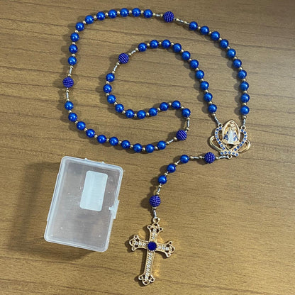 TERÇO DE NOIVA DOURADO PÉROLA AZUL NOSSA SENHORA APARECIDA 08MM (1 UNIDADE)