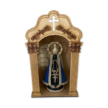 ORATÓRIO DE PAREDE E MESA MDF + IMAGEM DE PLÁSTICO NOSSA SENHORA APARECIDA AZUL COM STRASS 15CM (1 UNIDADE)