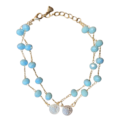 PULSEIRA ESCAPULÁRIO CRISTAL AZUL CLARO MEDALHA SÃO BENTO  (3 UNIDADES)