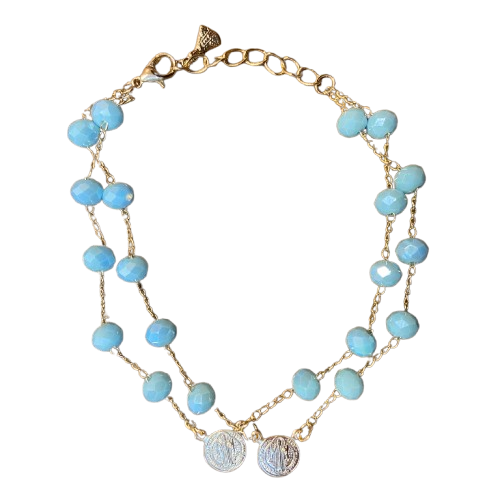 PULSEIRA ESCAPULÁRIO CRISTAL AZUL CLARO MEDALHA SÃO BENTO  (3 UNIDADES)