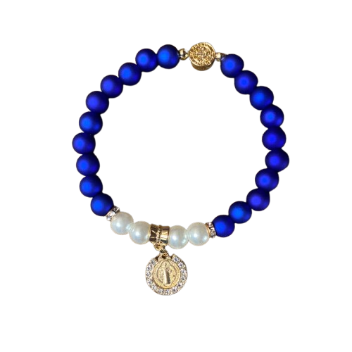 PULSEIRA PÉROLA  AZUL COM PINGENTE MEDALHA SÃO BENTO  (03 UNIDADE)