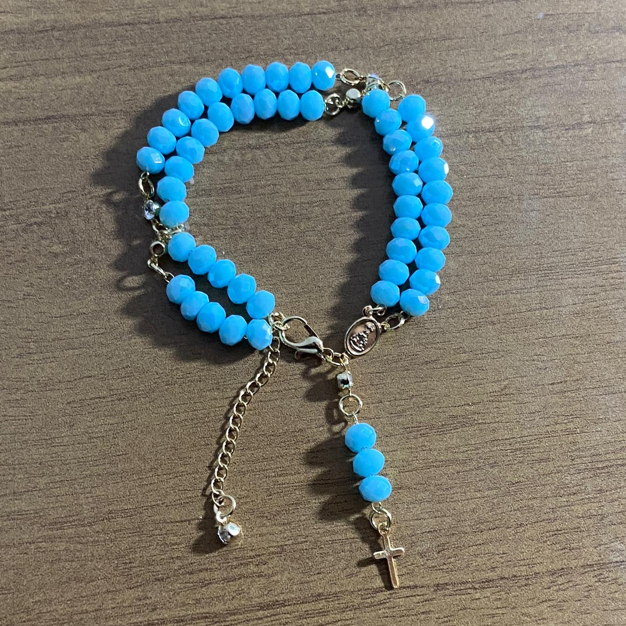 TERÇO PULSEIRA CRISTAL AZUL BEBÊ  (3 UNIDADES)