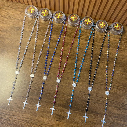 TERÇO CRISTAL MEDALHA DE SÃO BENTO COM STRASS CORES SORTIDAS 8MM  ( 6 UNIDADES)