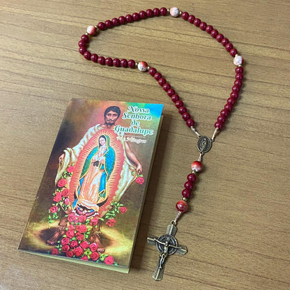 TERÇO PÉROLA VINHO NOSSA SENHORA DE GUADALUPE E JESUS MISERICORDIOSO 08MM (1 UNIDADE)