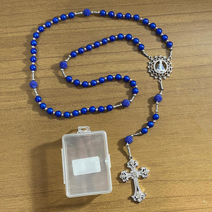 TERÇO DE NOIVA PRATEADO PÉROLA AZUL NOSSA SENHORA APARECIDA 08MM (1 UNIDADE)