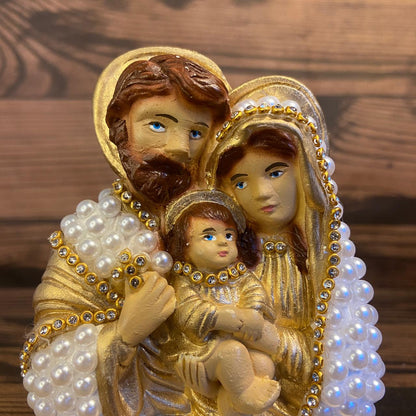 BUSTO DE GESSO SAGRADA FAMÍLIA BRANCO E DOURADO COM PÉROLA E STRASS 13CM MOD 2 (1 UNIDADE)