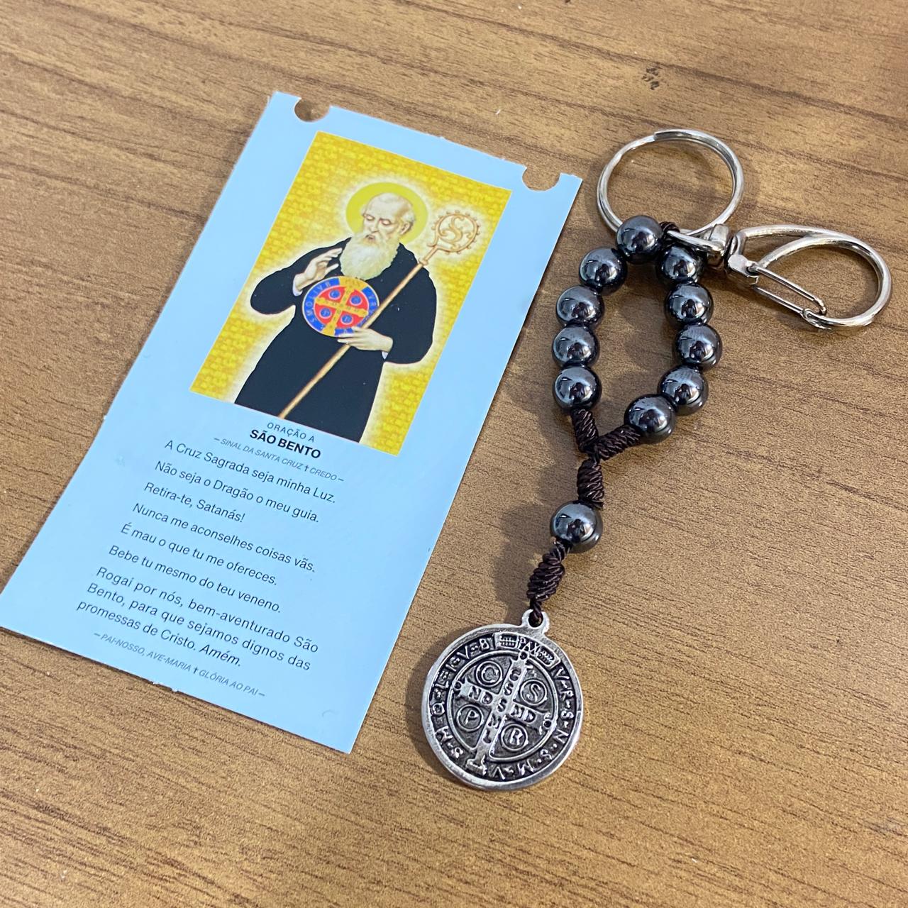 CHAVEIRO DEZENA HEMATITA COM MOSQUETE MEDALHA SÃO BENTO (3 UNIDADES)
