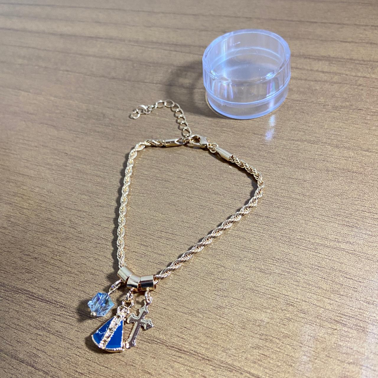 PULSEIRA DOURADA NOSSA SENHORA APARECIDA COM CRUZ E CRISTAL (6 UNIDADES)