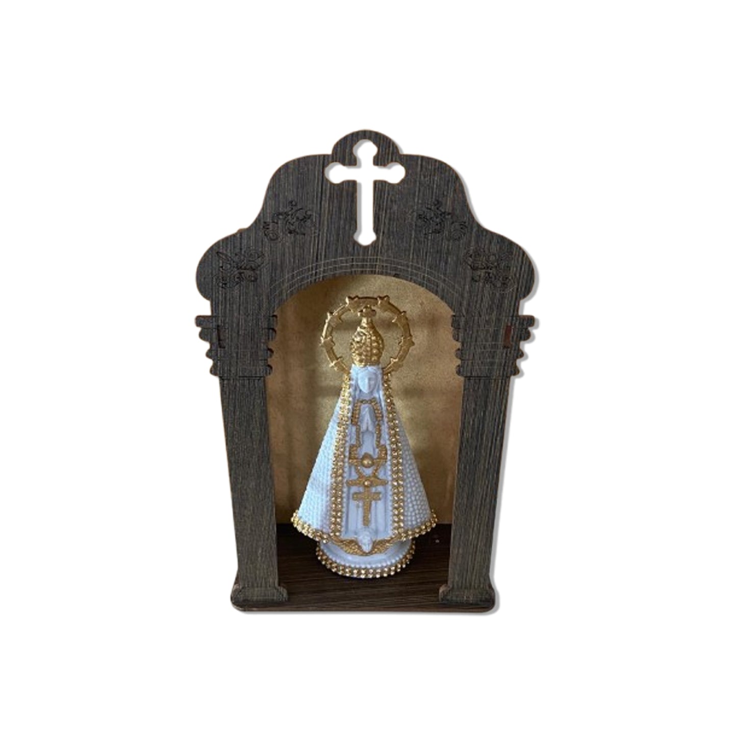 ORATÓRIO DE PAREDE E MESA MDF + IMAGEM DE PLÁSTICO NOSSA SENHORA APARECIDA BRANCA COM STRASS 15CM (1 UNIDADE)