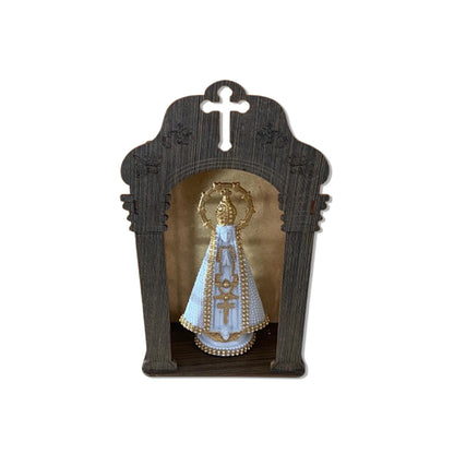 ORATÓRIO DE PAREDE E MESA MDF + IMAGEM DE PLÁSTICO NOSSA SENHORA APARECIDA BRANCA COM STRASS 15CM (1 UNIDADE)