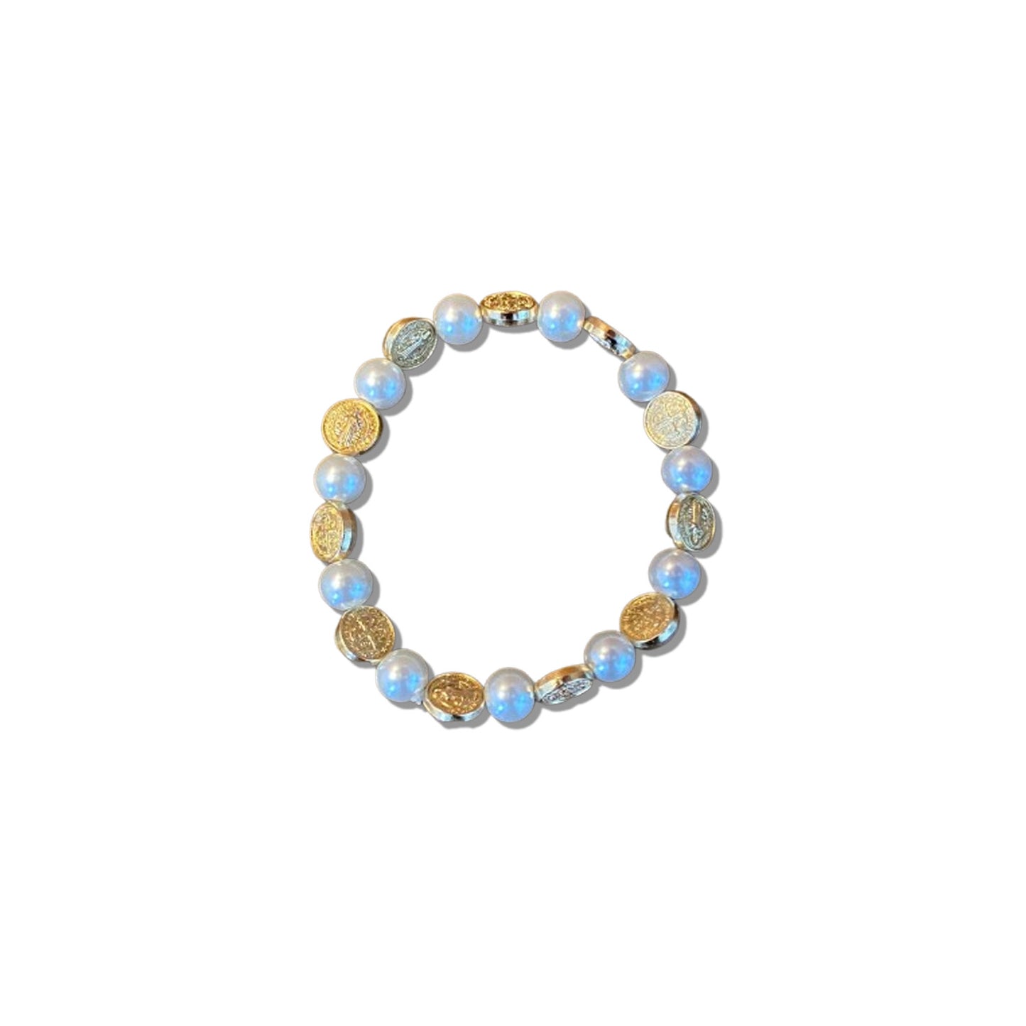 PULSEIRA PÉROLA COM MEDALHAS DECORADAS MEDALHA SÃO BENTO DOURADA  (06 UNIDADES)