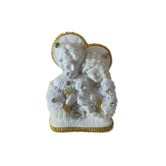 BUSTO DE GESSO SAGRADA FAMÍLIA BRANCO COM PÉROLA E STRASS DOURADO 14CM (1 UNIDADE)