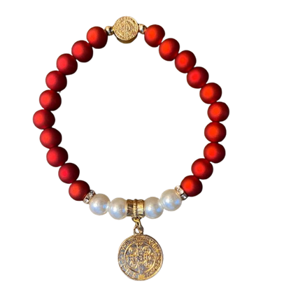 PULSEIRA PÉROLA VERMELHA COM PINGENTE MEDALHA SÃO BENTO  (03 UNIDADE)