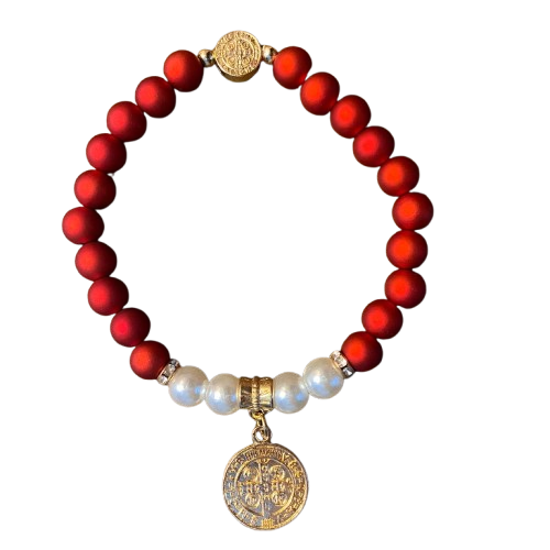 PULSEIRA PÉROLA VERMELHA COM PINGENTE MEDALHA SÃO BENTO  (03 UNIDADE)