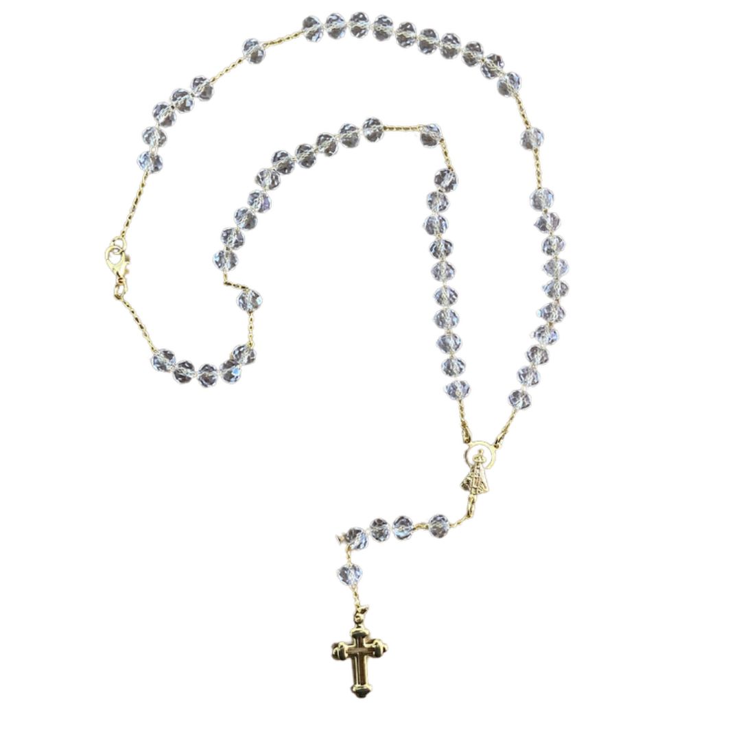 CORRENTE TERÇO CRISTAL NOSSA SENHORA APARECIDA TRANSPARENTE 04MM  (1 UNIDADE)
