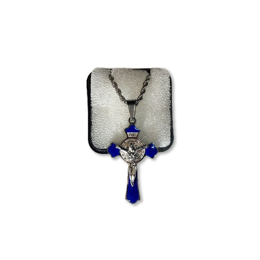 CORRENTE COM CRUCIFIXO MEDALHA SÃO BENTO AZUL  ( 3 UNIDADES)