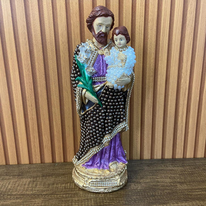 IMAGEM DE GESSO SÃO JOSÉ PEROLADA COM STRASS 30CM (1 UNIDADE)
