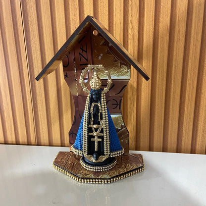 ORATÓRIO DE PAREDE E MESA MDF DOURADO+ IMAGEM DE PLÁSTICO NOSSA SENHORA APARECIDA AZUL COM STRASS 15CM (1 UNIDADE)