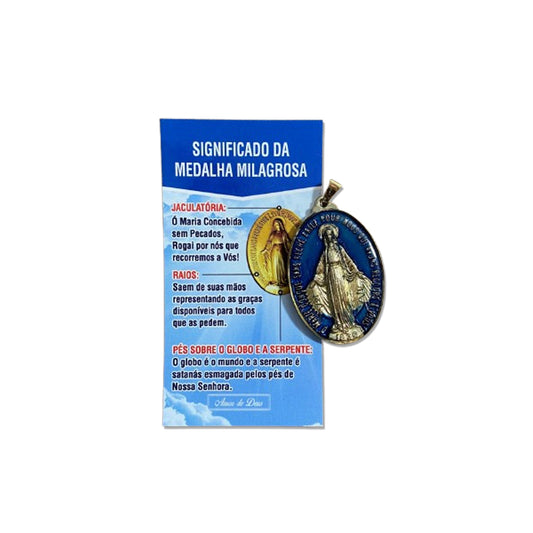 MEDALHA MILAGROSA RESINADA NOSSA SENHORA DAS GRAÇAS AZUL COM FOLHETO (1 UNIDADE)